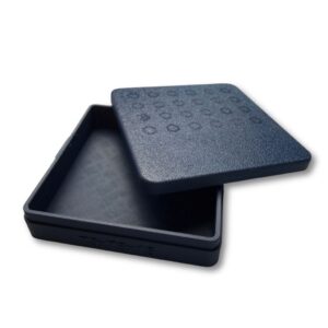 Open navy-blue SlipFit HexCore storage box with fitted lid