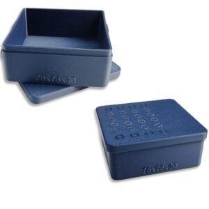 Open navy-blue SlipFit HexCore storage box with lid, 75 by 75 by 30 millimeters