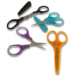 Travel scissors with black handles and blades open.